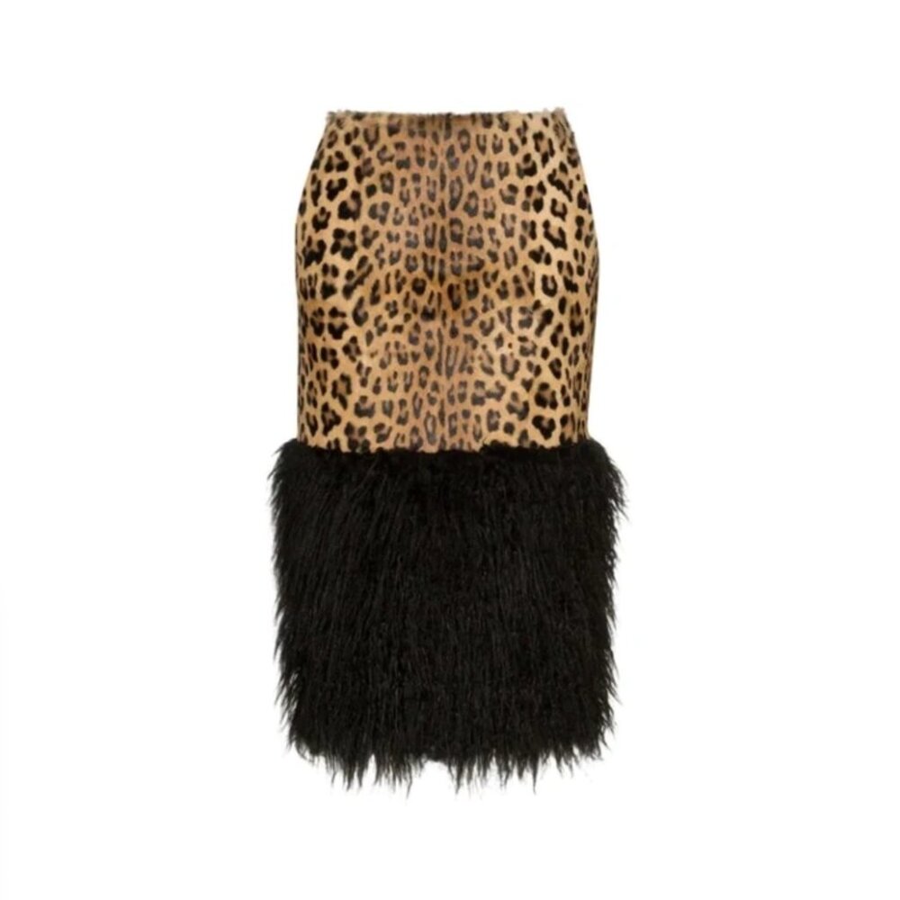 NWT Saint Laurent Shearling And Leopard-print Faux Fur Midi Skirt, size 40IT